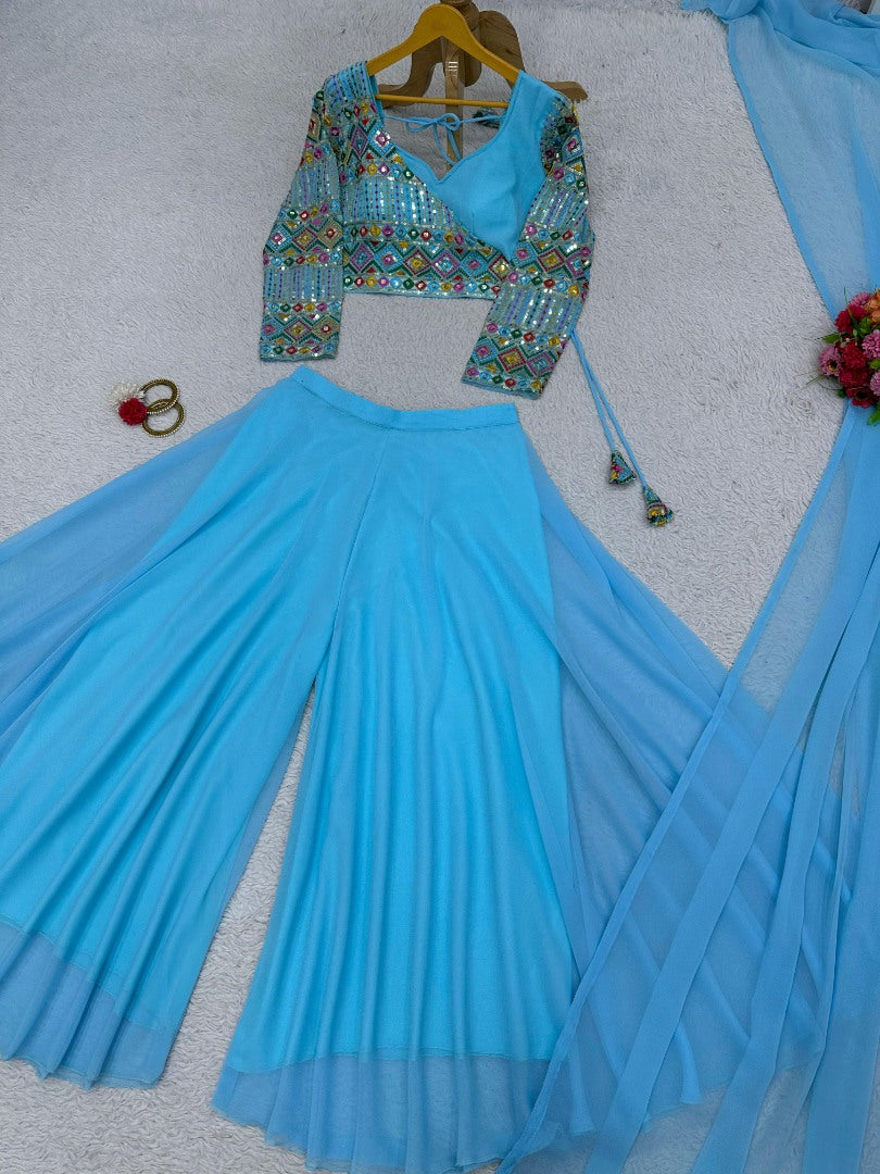 Sky blue designer palazzo suit