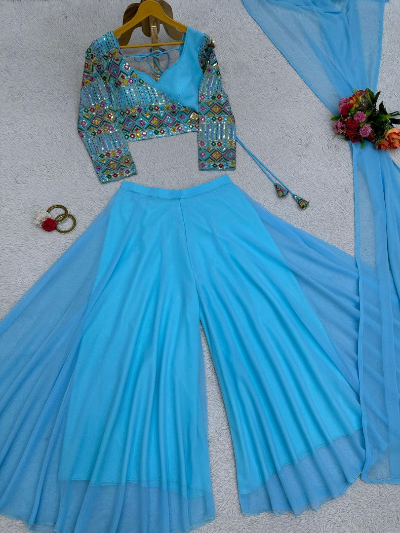 Sky blue designer palazzo suit