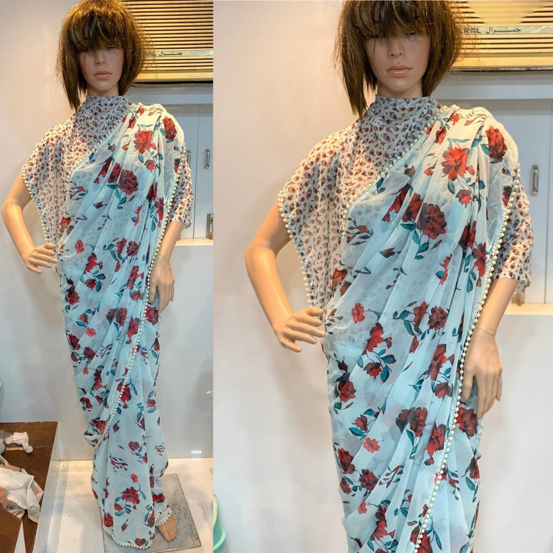 Sky blue digital 3d printed georgette designer saree with moti lace