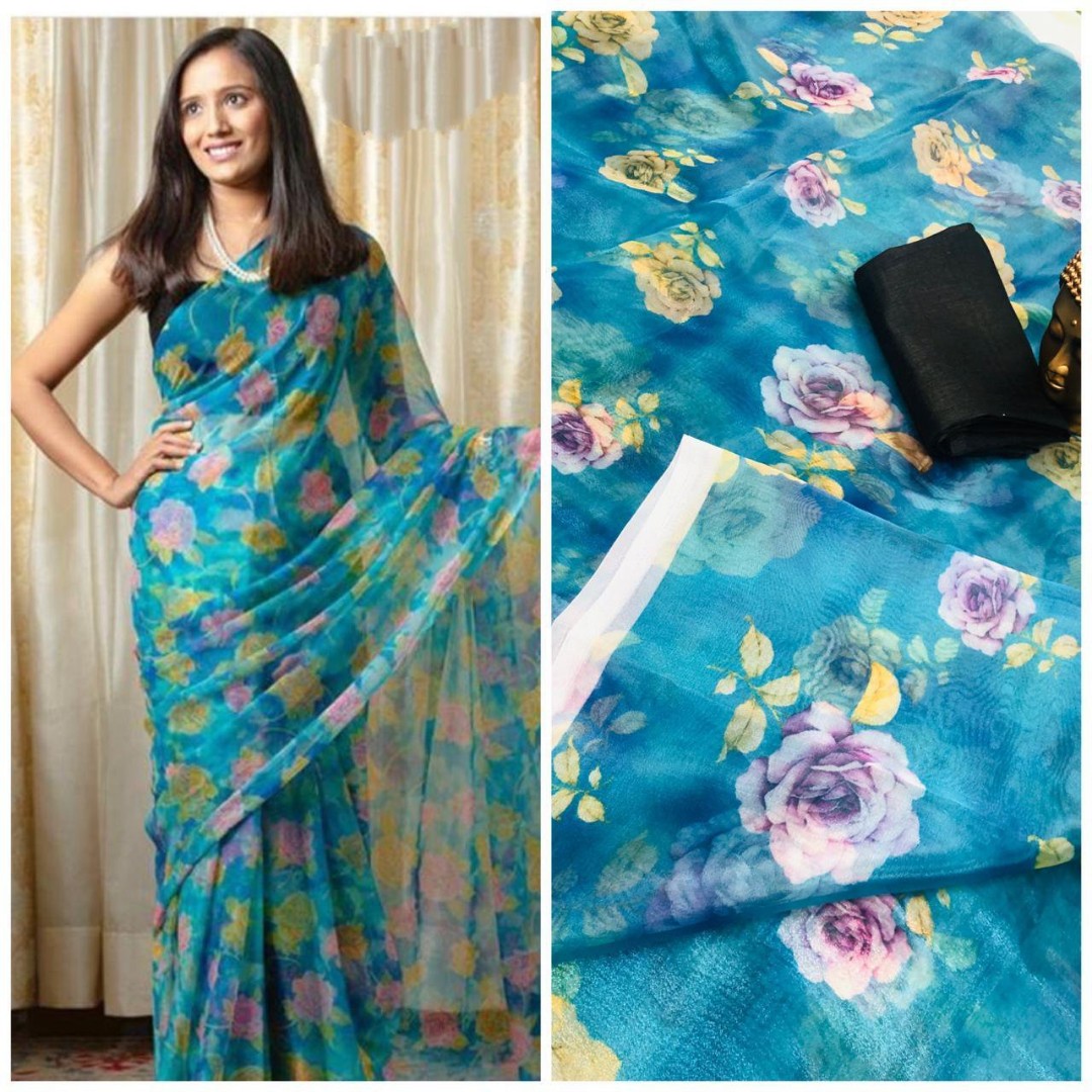 sky blue digital flower printed orgenza saree