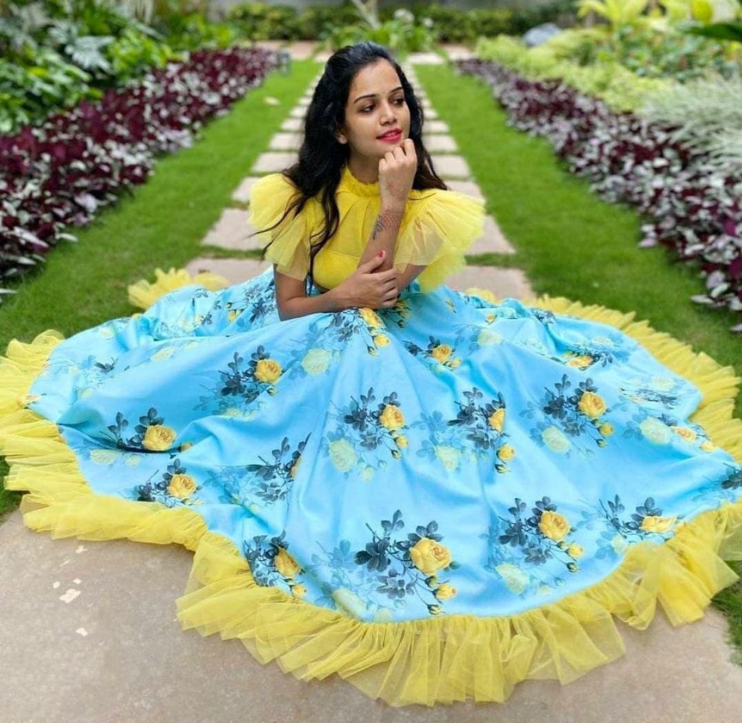 Sky blue digital printed croptop lehenga