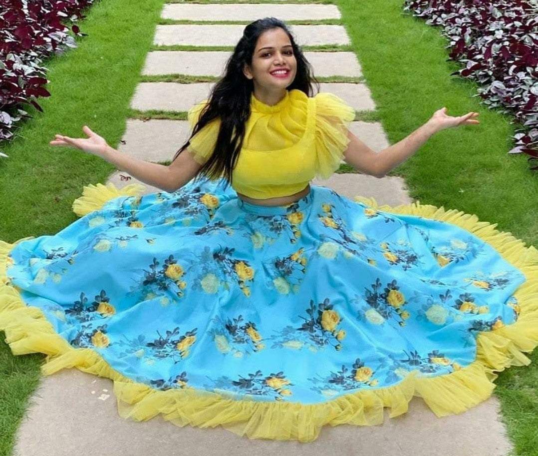 Sky blue digital printed croptop lehenga