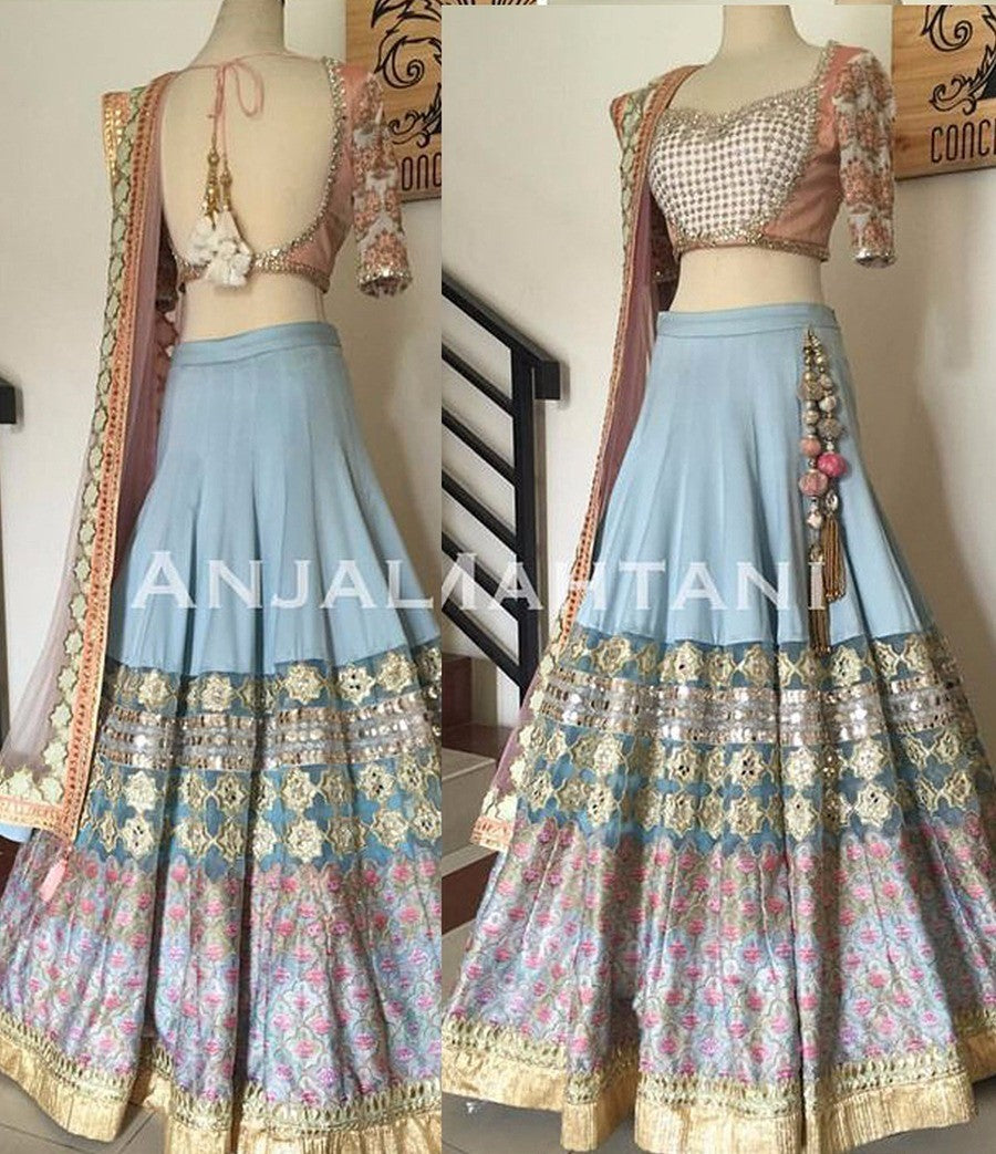 Sky blue digital printed japan crape embroidered high waist lehenga