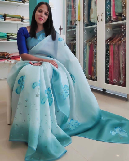 Sky blue digital printed khadi organza saree