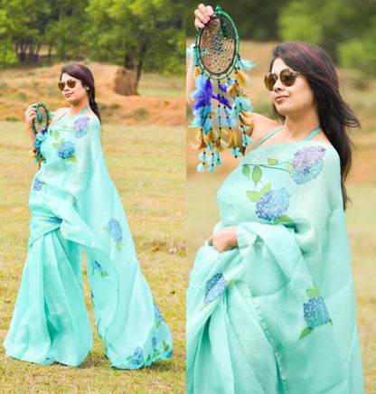 Sky blue digital printed khadi organza saree