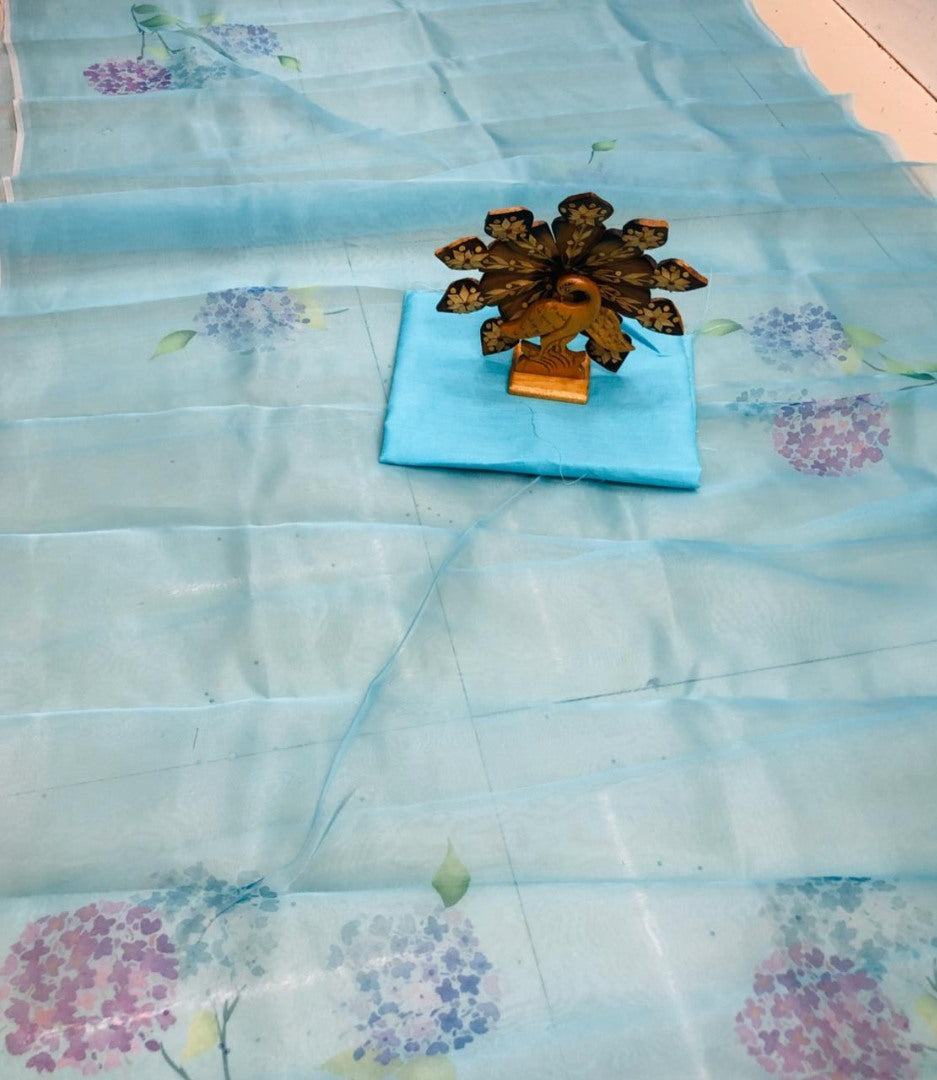 Sky blue digital printed khadi organza saree