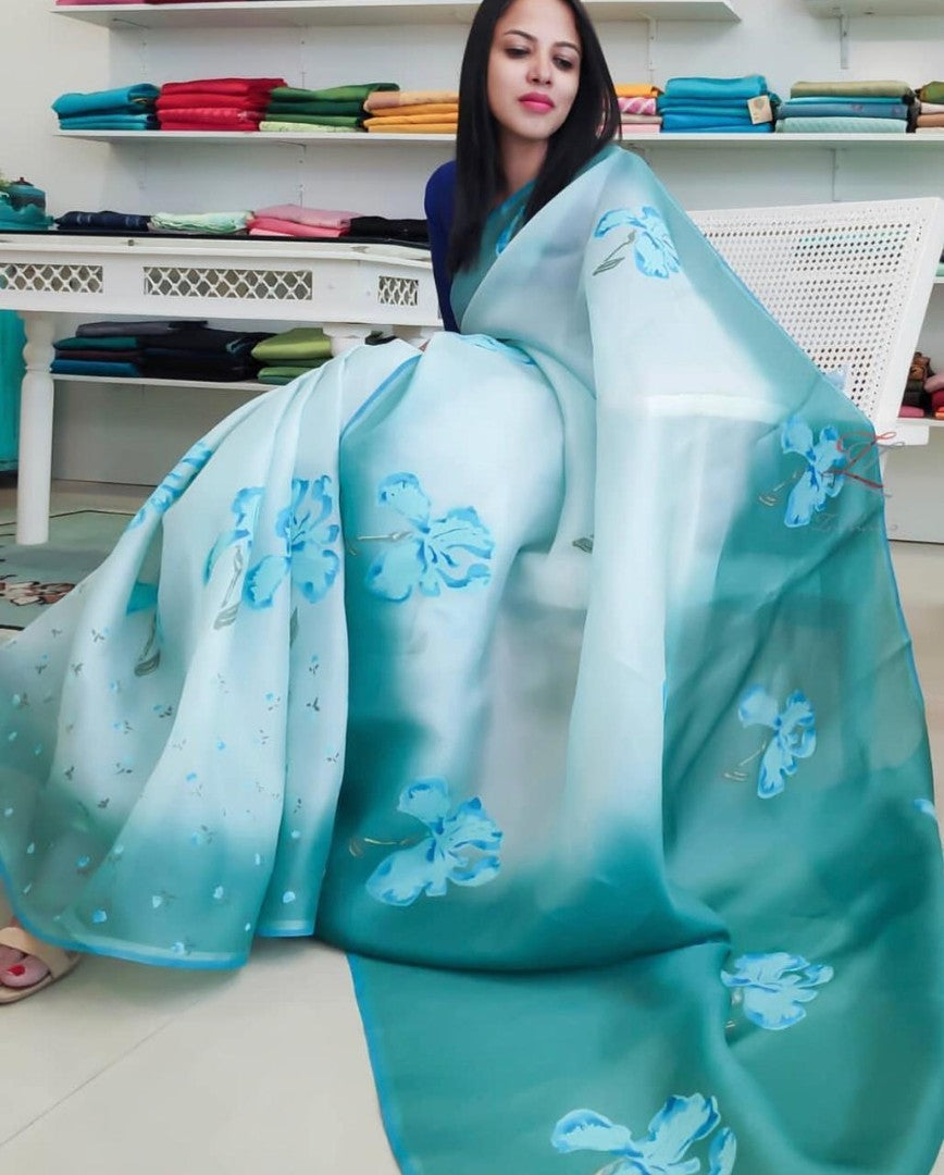 Sky blue digital printed khadi organza saree