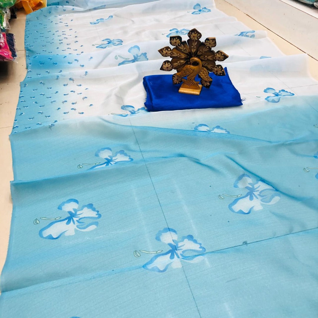 Sky blue digital printed khadi organza saree