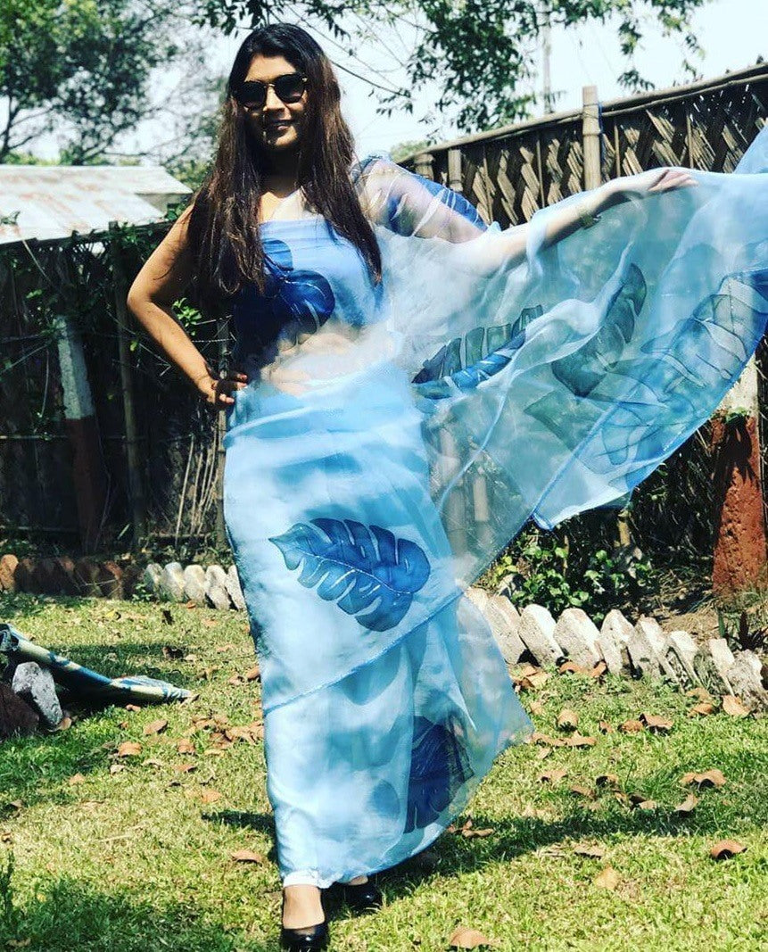 Sky blue digital printed organza saree