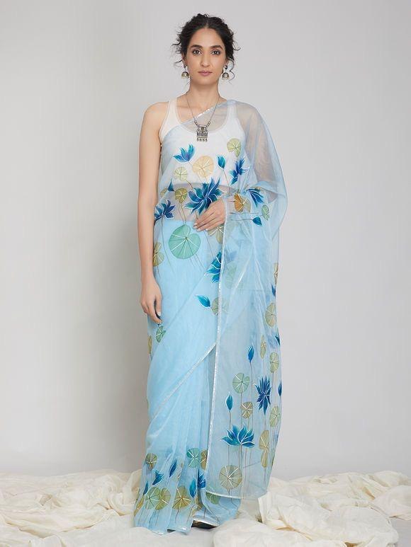 Sky blue digital printed organza saree