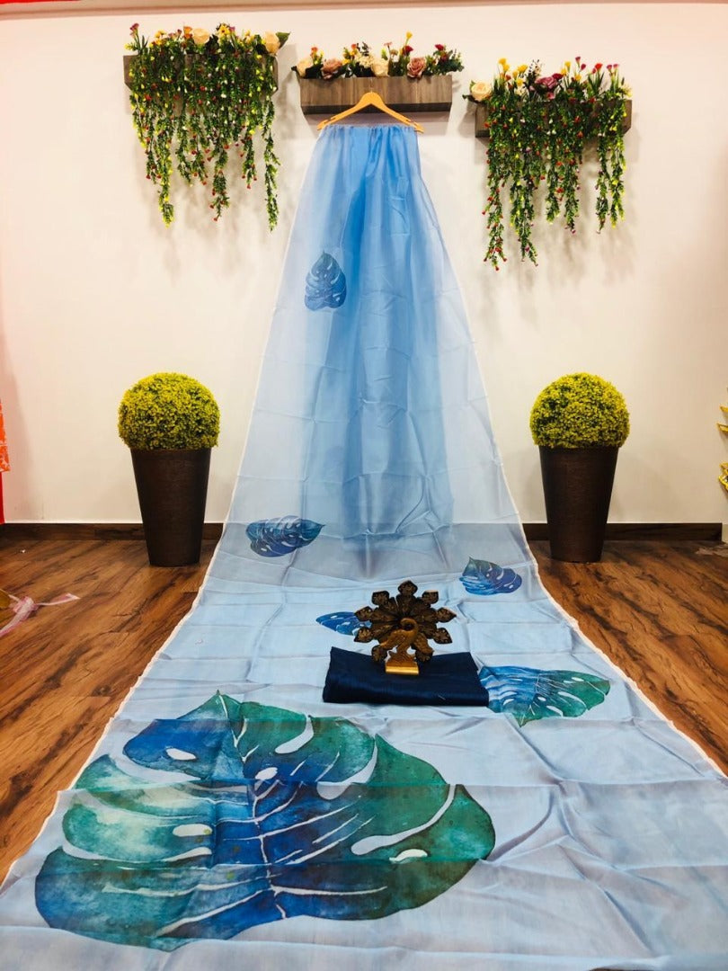 Sky blue digital printed organza saree