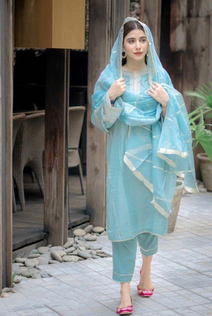 Sky blue embroidery work cotton suit