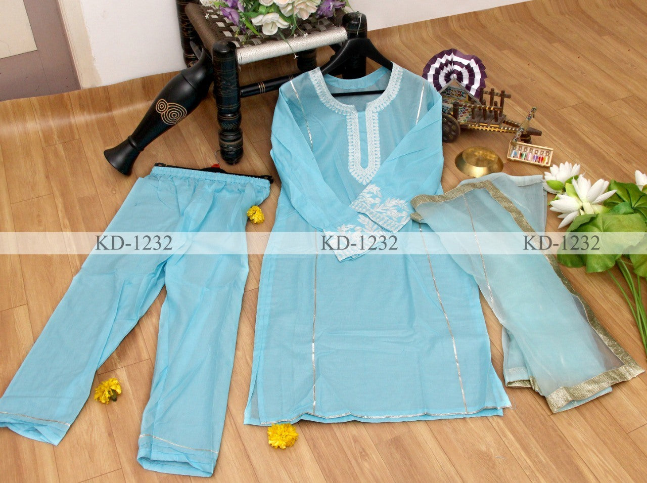 Sky blue embroidery work cotton suit