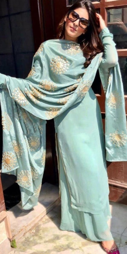 Sky blue faux georgette plazzo suit