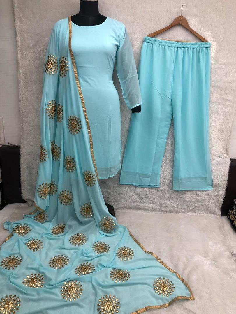 Sky blue faux georgette plazzo suit