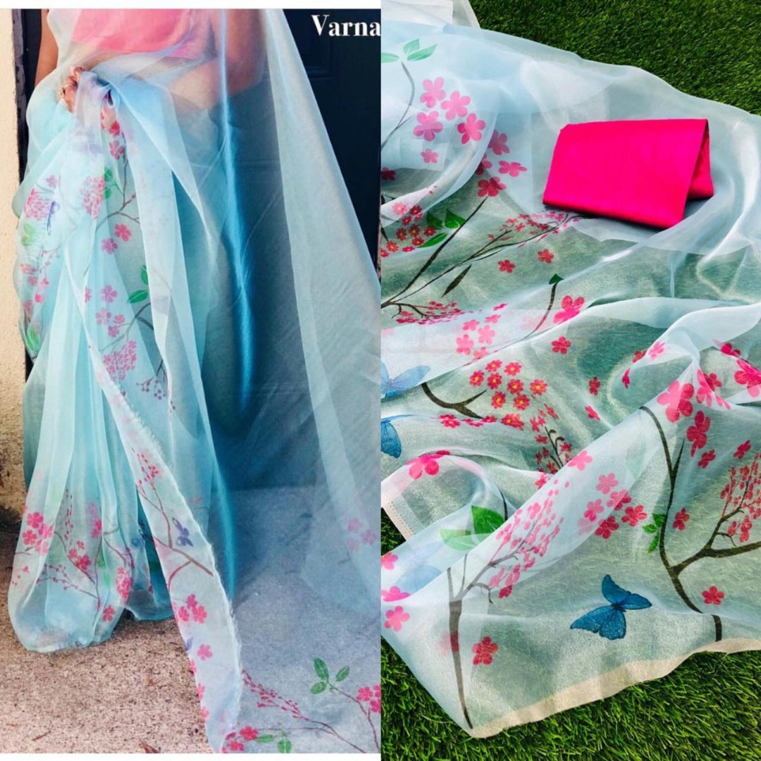 sky blue floral digital printed pure orgenza saree