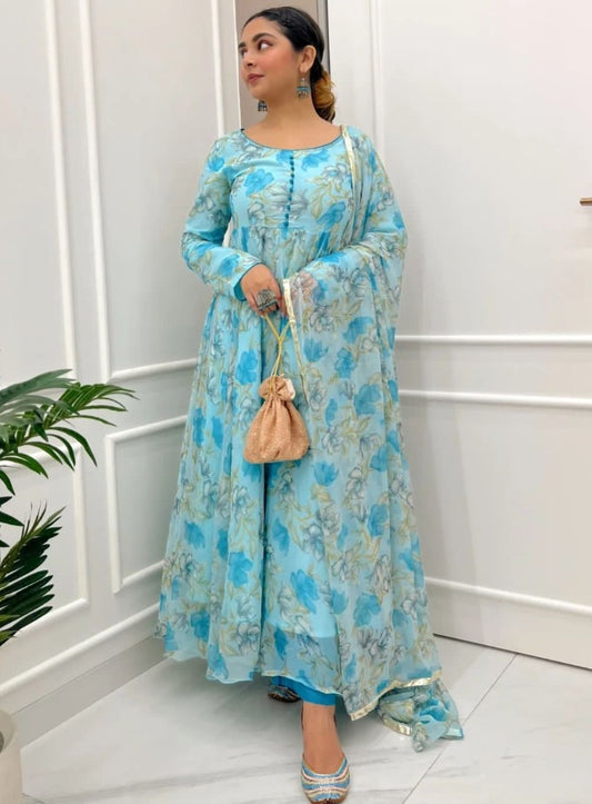 Sky blue floral printed anarkali suit