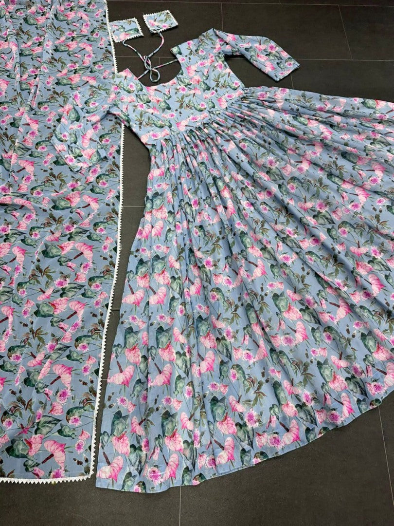 Sky blue floral printed anarkali suit