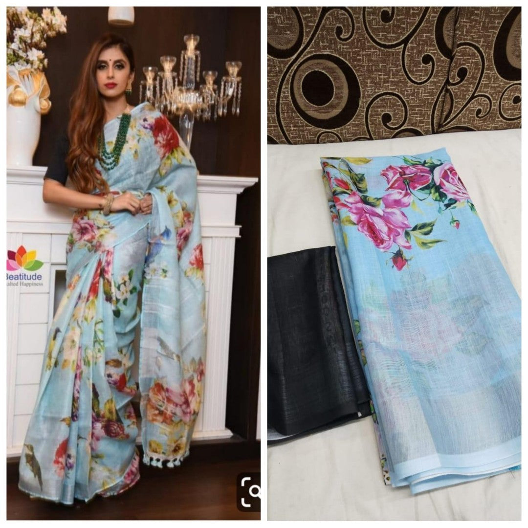Sky blue floral printed linen saree