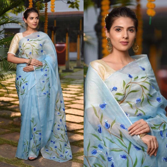Sky blue floral printed organza saree