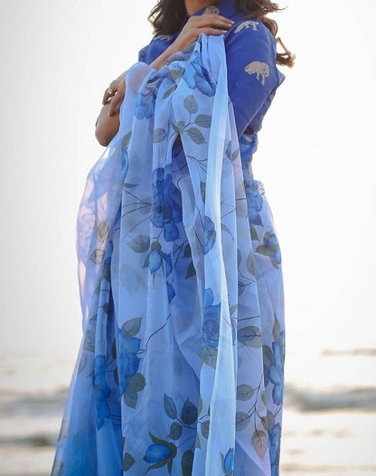 Sky blue floral printed organza saree