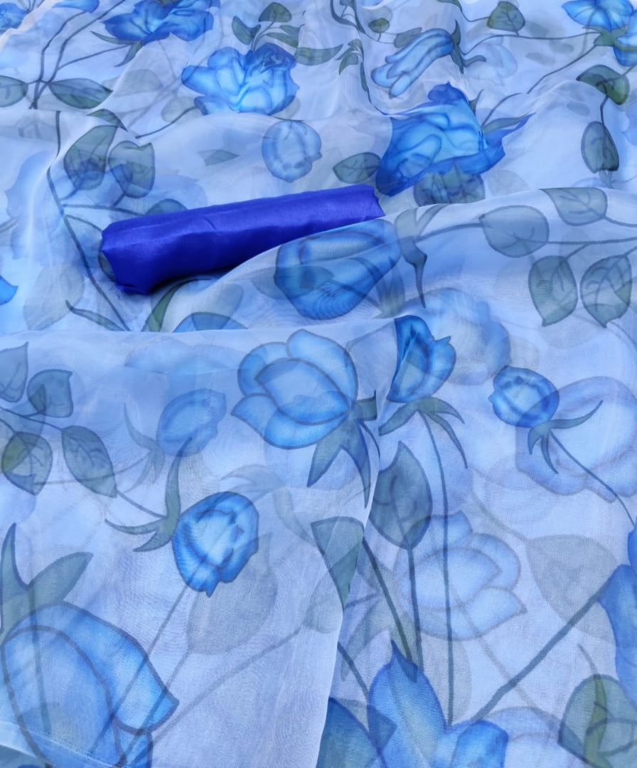 Sky blue floral printed organza saree