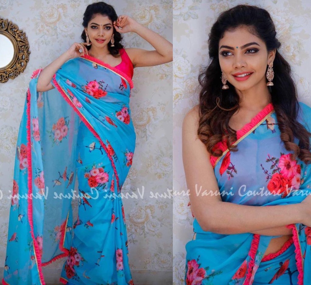 sky blue flower printed casual wear saree