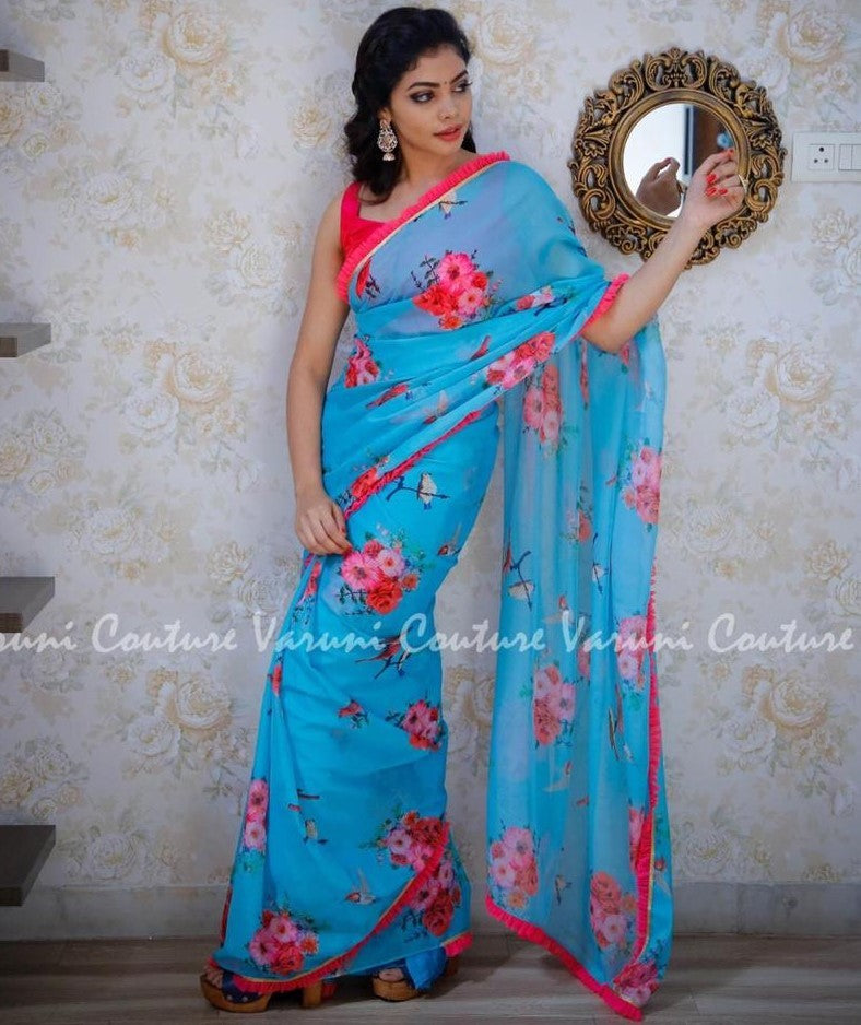 sky blue flower printed casual wear saree
