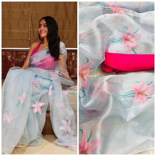 Sky blue flower printed organza saree