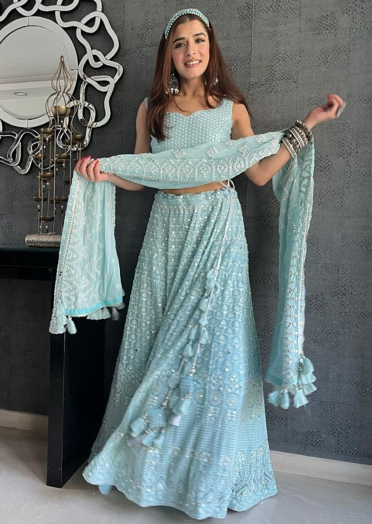 Sky blue geogette heavy embroidered wedding lehenga choli