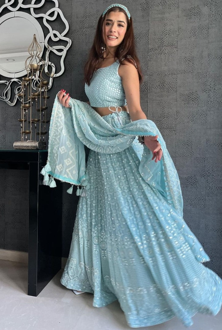 Sky blue geogette heavy embroidered wedding lehenga choli
