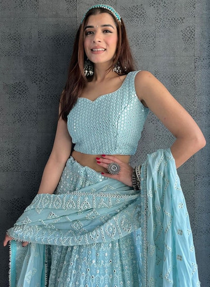 Sky blue geogette heavy embroidered wedding lehenga choli