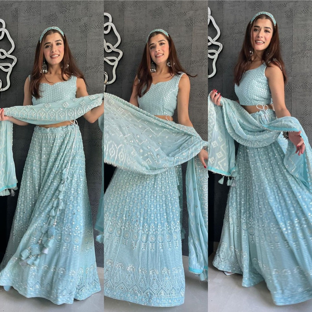 Sky blue geogette heavy embroidered wedding lehenga choli