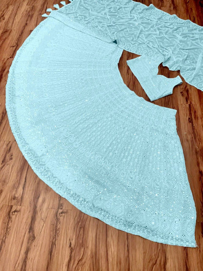 Sky blue geogette heavy embroidered wedding lehenga choli