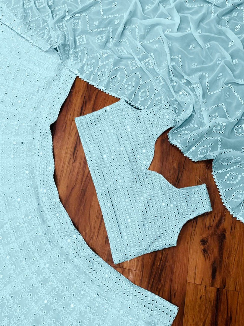 Sky blue geogette heavy embroidered wedding lehenga choli