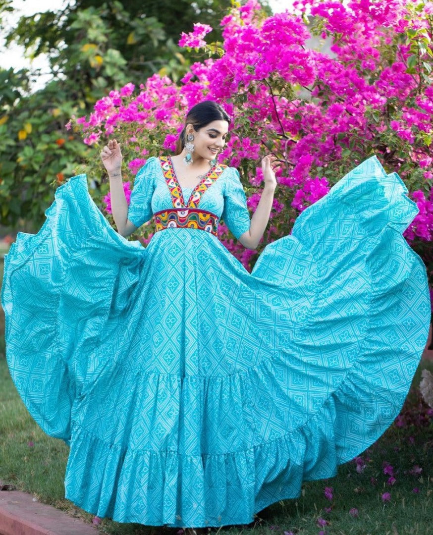 Sky blue georgette chain stitch and mirror work festival wear flairy gown