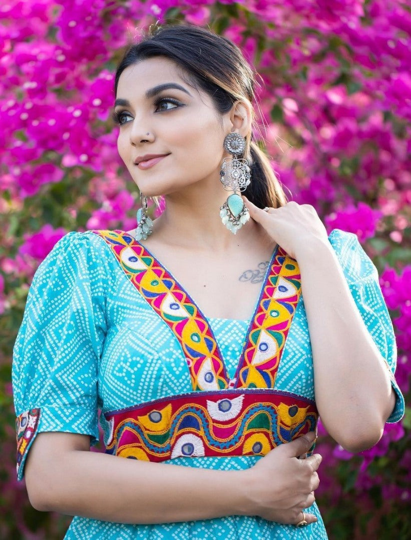 Sky blue georgette chain stitch and mirror work festival wear flairy gown