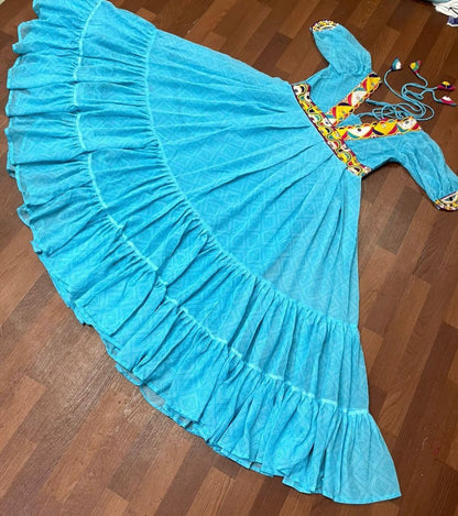 Sky blue georgette chain stitch and mirror work festival wear flairy gown