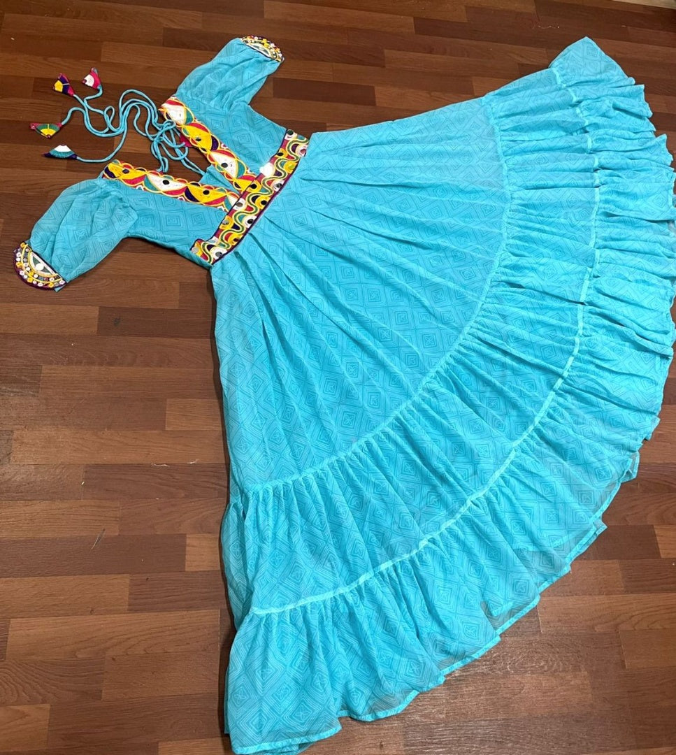 Sky blue georgette chain stitch and mirror work festival wear flairy gown