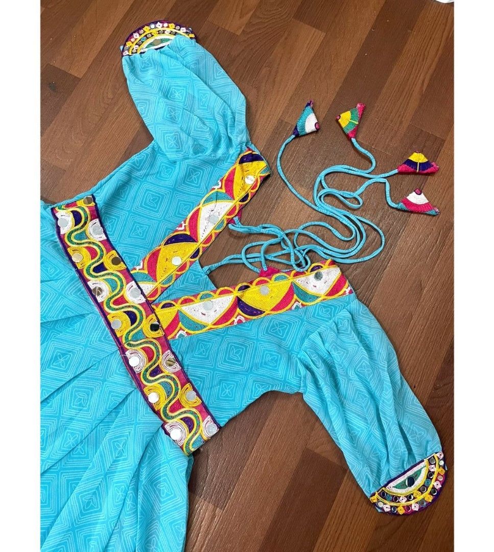 Sky blue georgette chain stitch and mirror work festival wear flairy gown