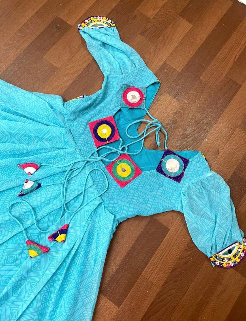 Sky blue georgette chain stitch and mirror work festival wear flairy gown