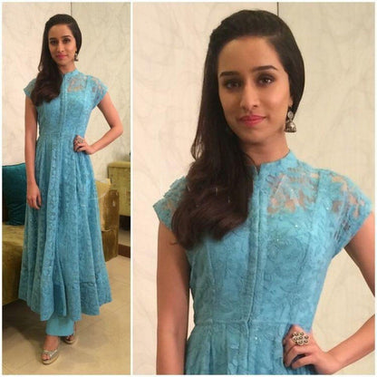 Sky blue georgette chain stitched embroidered gown