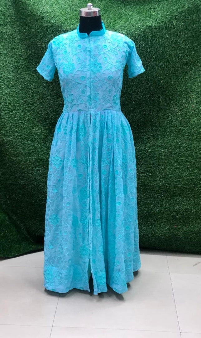 Sky blue georgette chain stitched embroidered gown