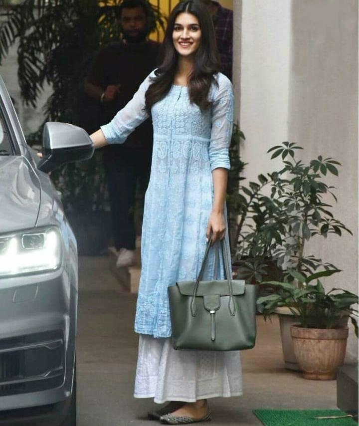 Sky blue georgette chainstitch embroidered stylist plazzo kurti