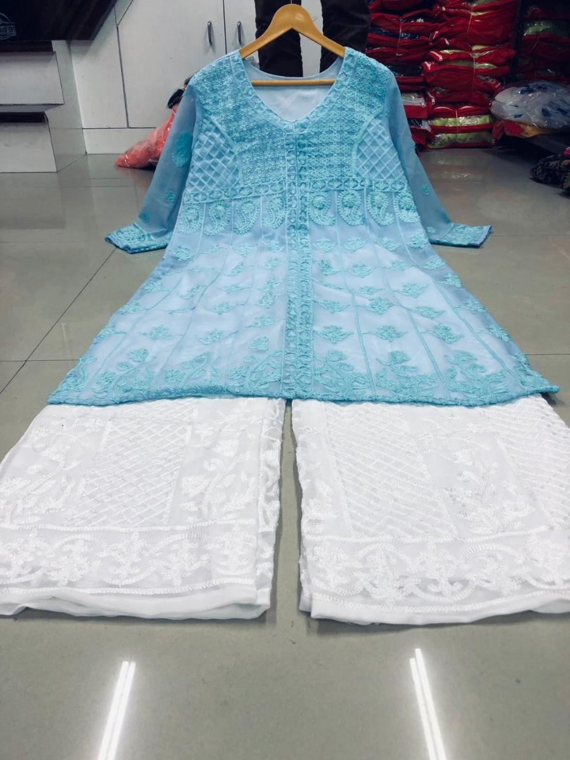 Sky blue georgette chainstitch embroidered stylist plazzo kurti