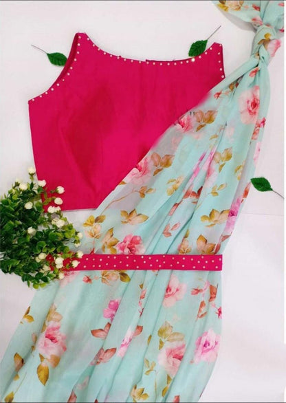 Sky blue georgette digital floral printed saree
