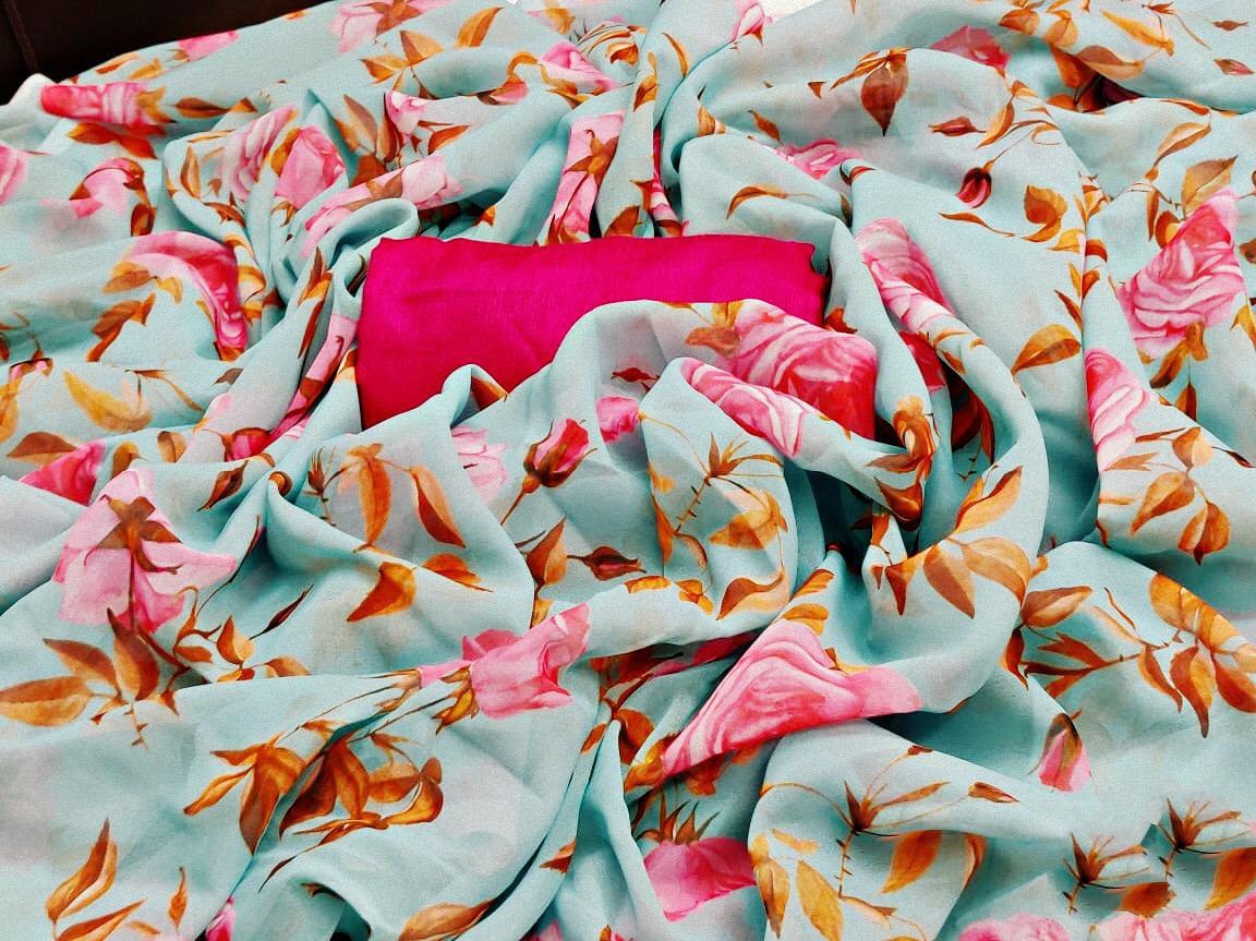 Sky blue georgette digital floral printed saree