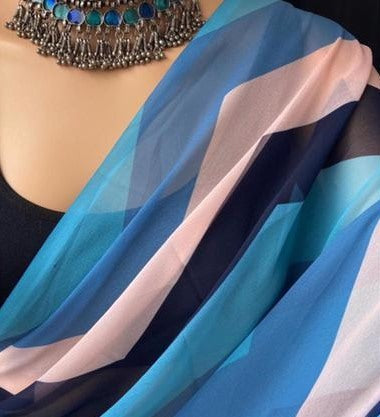 Sky blue georgette digital flower printed work saree