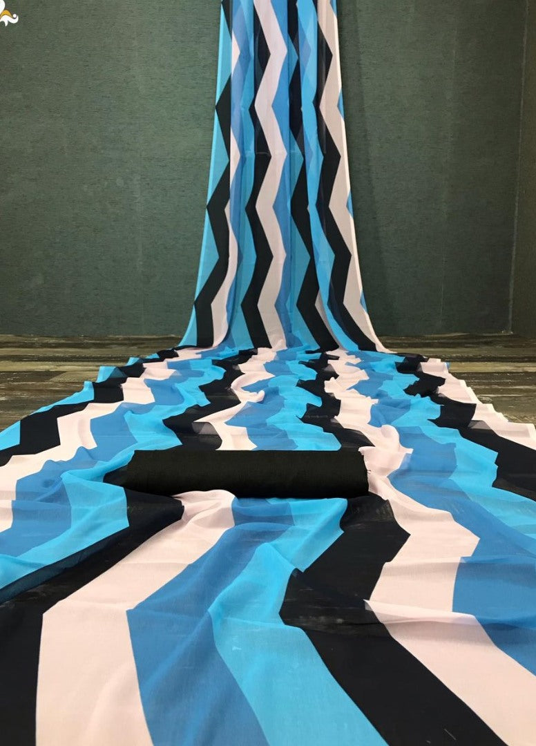 Sky blue georgette digital flower printed work saree