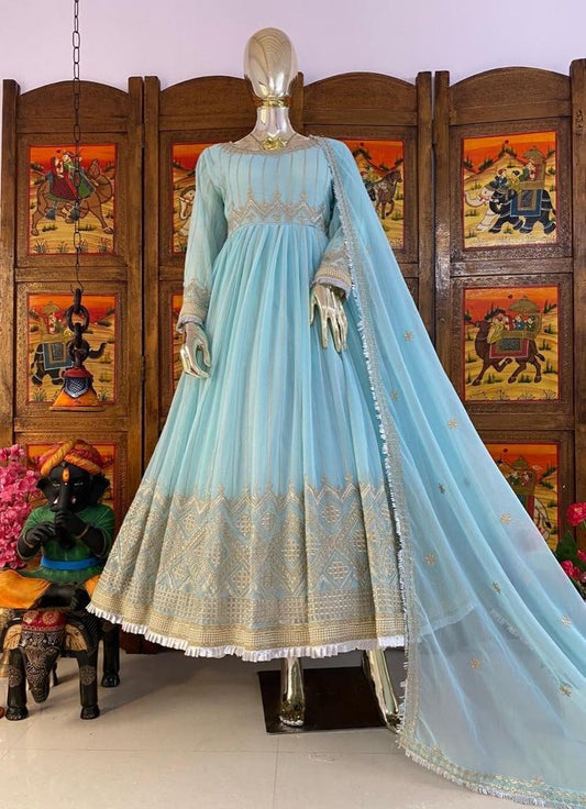 Sky blue georgette embroidered anarkali suit